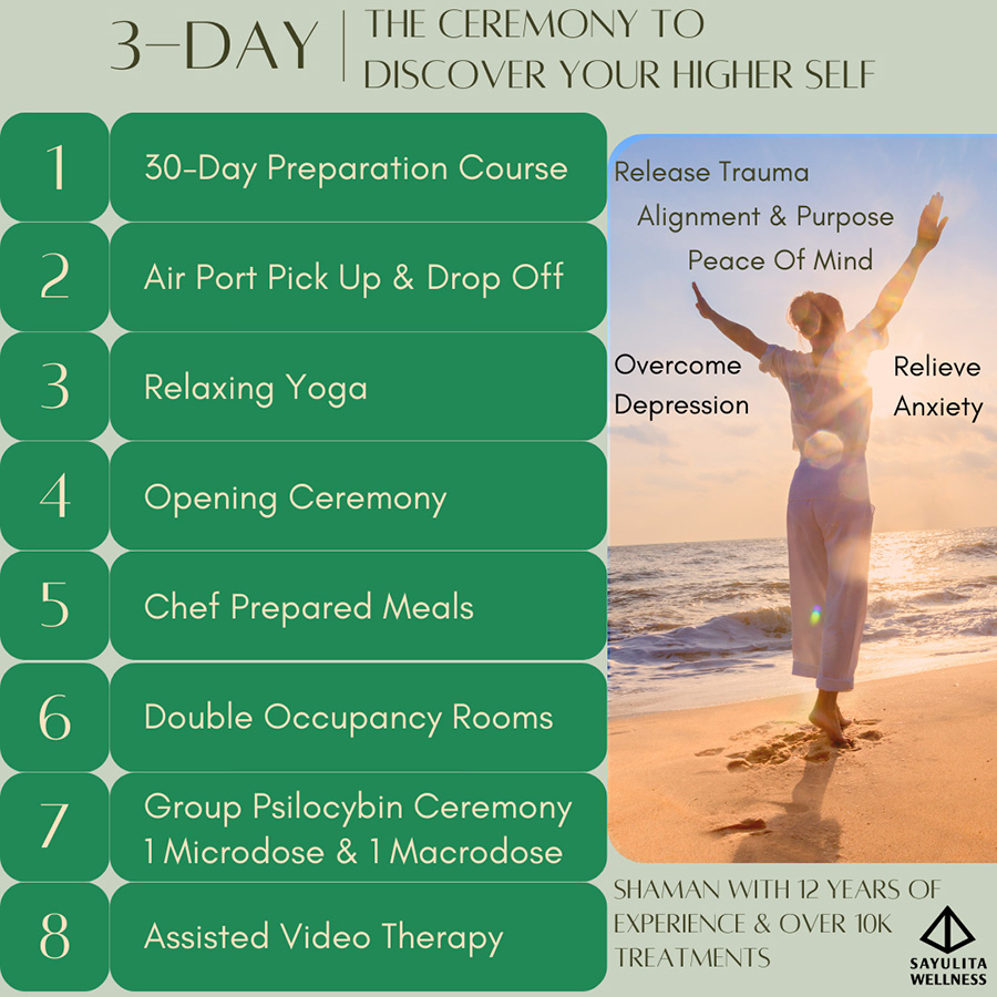 Sayulita Wellness Mushroom Retreat 3-day ceremony includes: 30-day preparation course, airport pick up and drop off, yoga, chef-prepared meals, double occupancy room, two group psilocybin ceremonies, meditation, video therapy, and more.
