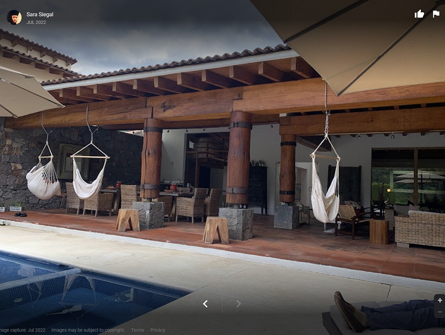 Eleusinia, Valle De Bravo, Mexico, photo uploaded by reviewer of outdoor patio with hammocks next to a pool.