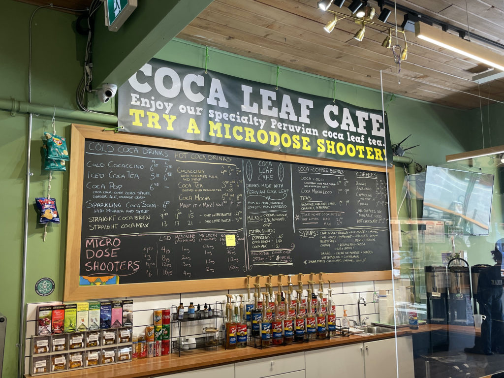 The menu of items available at Coca Leaf Cafe, a popular mushroom dispensary in Vancouver