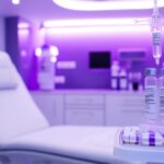Modern ketamine clinic infusion suite with IV drips and peptide vials ready for patient treatment