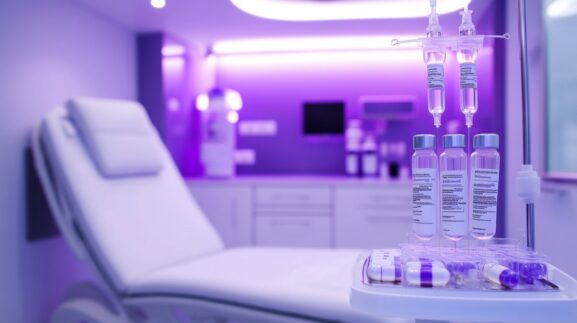 Modern ketamine clinic infusion suite with IV drips and peptide vials ready for patient treatment