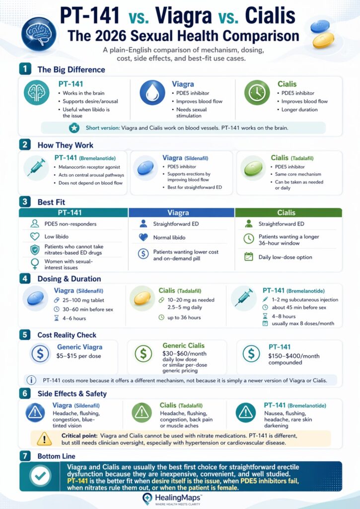 PT-141 vs Viagra vs Cialis compared: mechanism, cost, when each works best, side effects, and why PT-141 fills gaps PDE5 inhibitors can't.