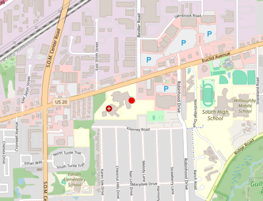 Map showing location of University Hospitals Lake West Medical Center in Willoughby, OH