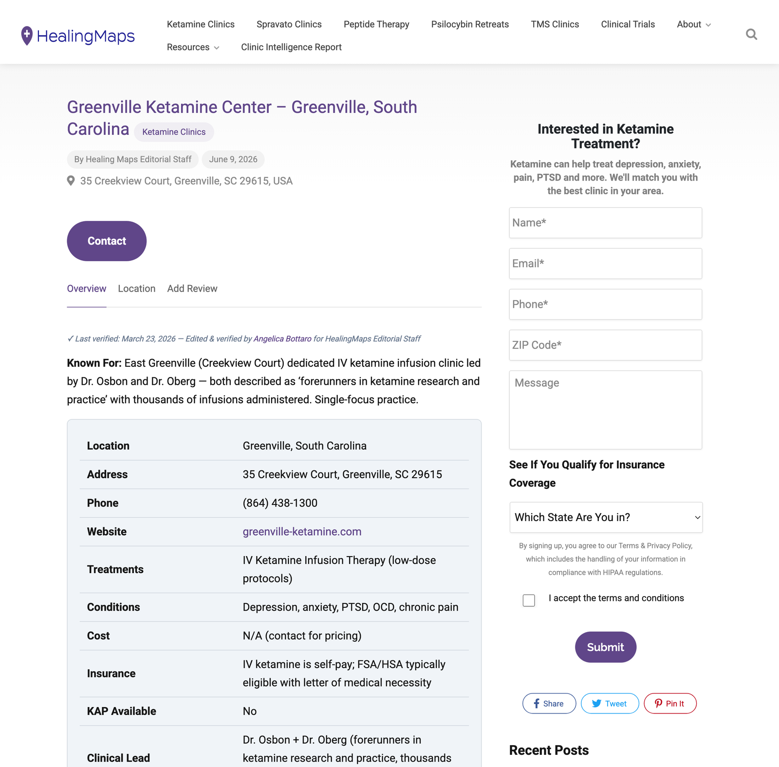 HealingMaps ketamine clinic listing showing verified details, NAP information, and treatments