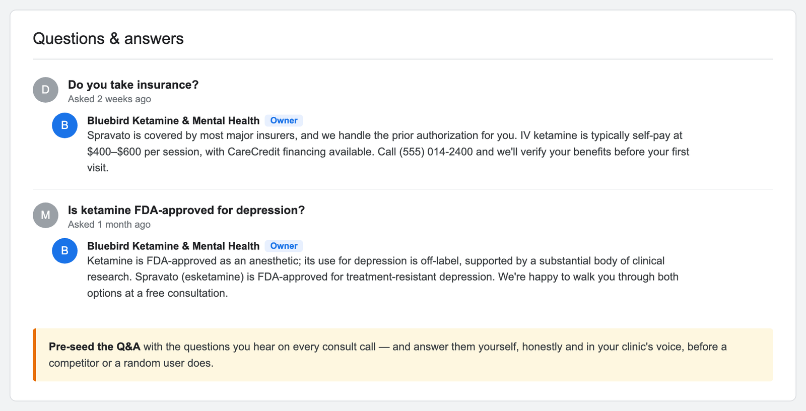 Example pre-seeded Google Business Profile Q&A section for a ketamine clinic (illustrative mockup)
