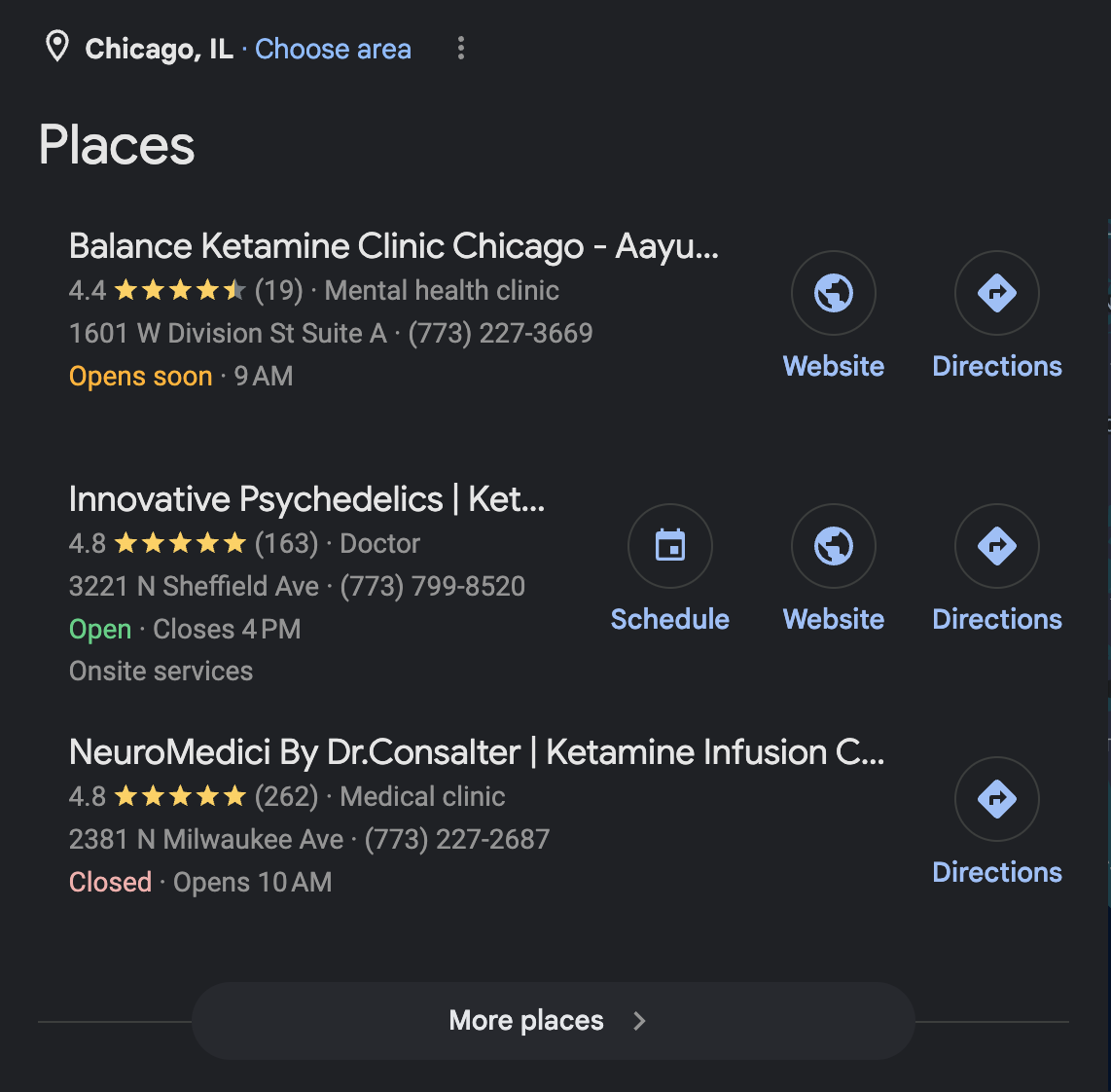 Google Map Pack results for the search ketamine clinic chicago showing three local clinic listings