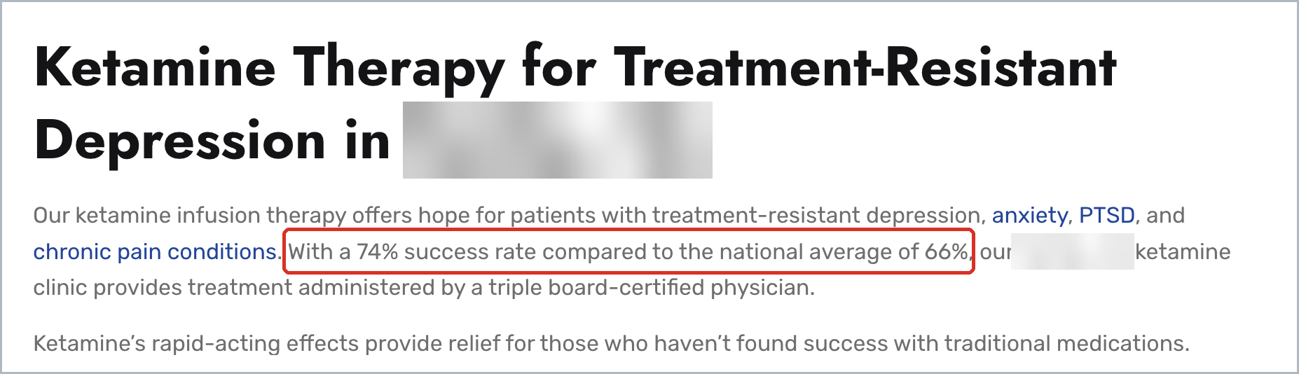 Screenshot of a live ketamine clinic webpage making a comparative success rate marketing claim, with identifying details removed