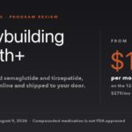 Bodybuilding Health+ review card showing compounded semaglutide and tirzepatide from $139 per month on the 12-month bundle.