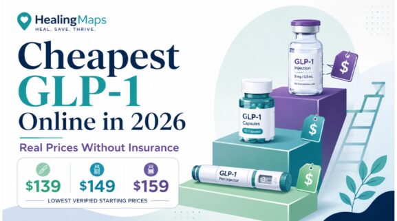 Cheapest GLP-1 online in 2026 — GLP-1 capsules, injection vial, and pen injector with price tags, showing verified starting prices of $139, $149, and $159 without insurance