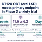 Data banner showing DT120 ODT oral LSD meeting its primary endpoint in a Phase 3 anxiety trial, with a 5.4 point placebo adjusted improvement on the Hamilton Anxiety Rating Scale at week 12, improvement by day 2, and a timeline of the 2026 Phase 3 readouts