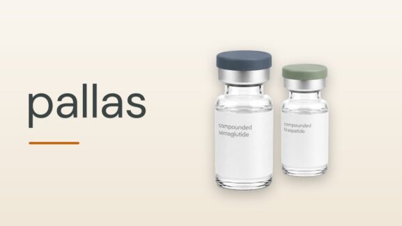 Pallas Health compounded semaglutide and tirzepatide vials beside the Pallas wordmark