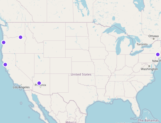 Divinae Retreats venues map — Oregon, Arizona, California, New York